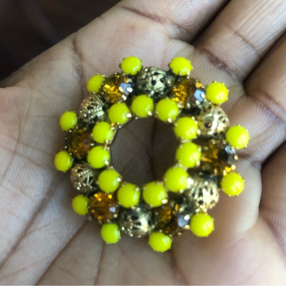 Vintage Embellished Round Brooch with Citrine colored Amber